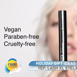 Close-up of Yep Lash XL lash serum featured on Fox 6 Real Milwaukee's segment, labeled as one of the best gifts under $100. The sleek, modern packaging shines alongside other holiday gift ideas, making it a must-have for beauty lovers!