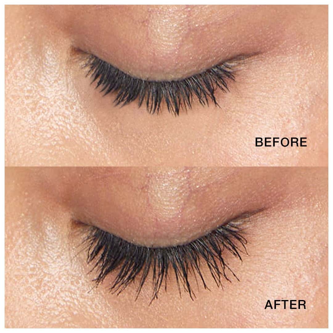 Before and After image of lashes. The lashes appear longer, thicker, and more defined in the after image.