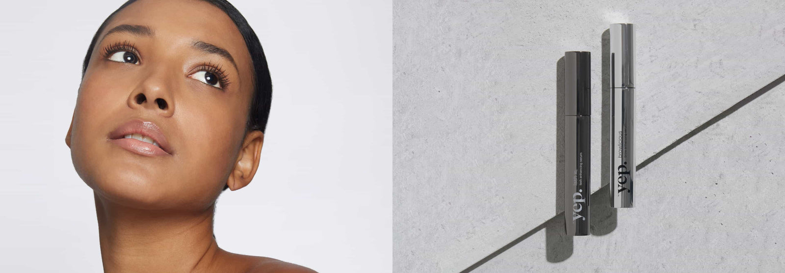 African American woman with longer-looking lashes and bold brows juxtaposed with Yep lash and brow product image - Embrace your natural beauty with our lash and brow serum, carefully formulated to enhance and nourish.